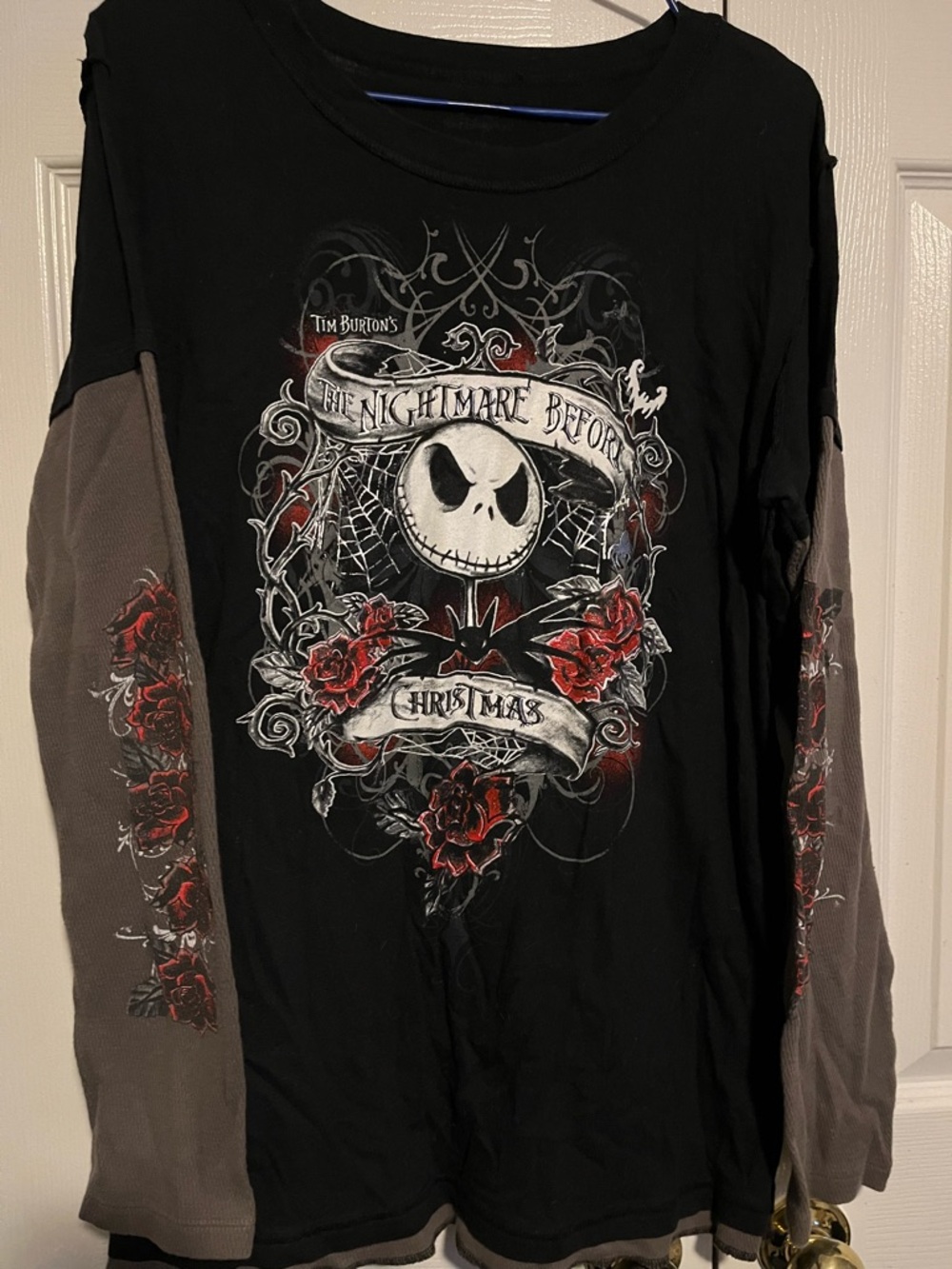 The Nightmare Before Christmas Graphic Long Sleeve Shirt - Black with Red Roses
